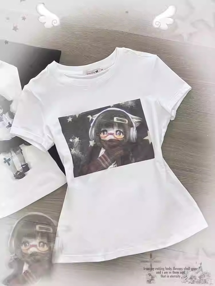White Round Neck BJD Doll Print Vintage T-Shirt