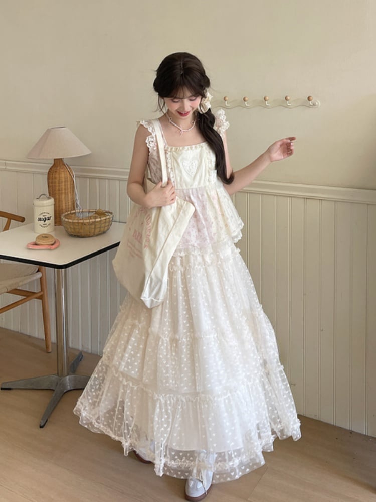 Apricot Elastic Waist Heart Pattern Mesh Tiered Skirt