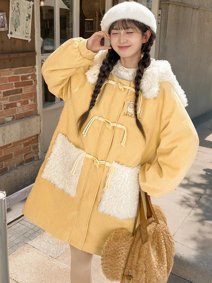 Milk Yellow Cute Lamb Hood Hooded Corduroy Duffle Coat