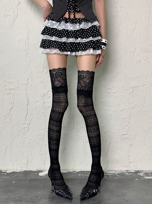 Pattern Stockings Black/White Overknee Design Y2K Floral Hollow-out