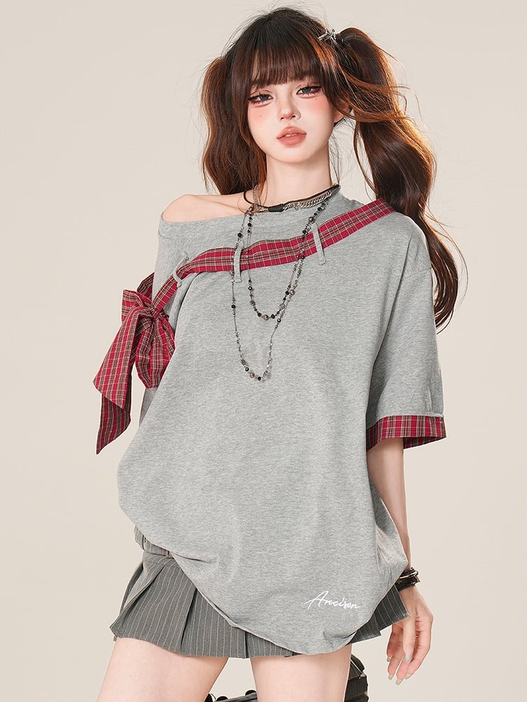 T-shirt Plaid Neckline Pattern Asymmetrical Bowknot Black/Gray