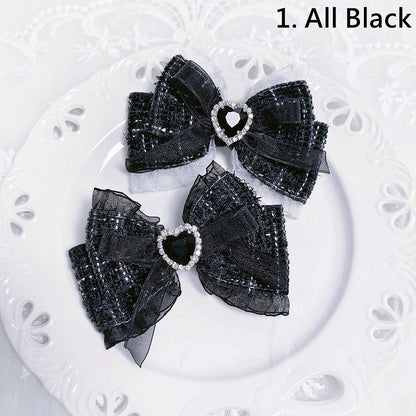 Jirai Kei Sweetheart Rhinestone Adorned Tweed Bowknot Hairclips