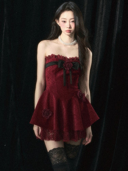 Roses Embellishments Christmas Wine Red Strapless Dress with Plush Shawl Set
