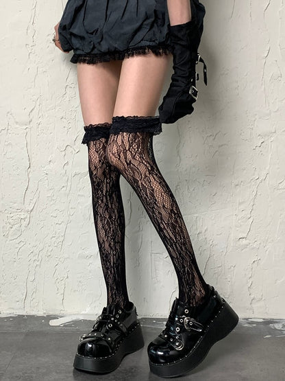 Overknee Design Black Cuff Ruffled Hollow-out Fashion Gyaru Stockings