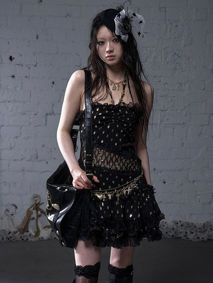 Beige/Black Neck Waist Polka-dot Vintage Halter Lace Patches