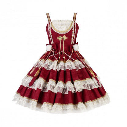 Red New Year Lolita Bows and Bead Chain  Waist Tiered Hem Jumper Skirt