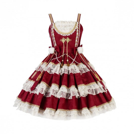 Red New Year Lolita Bows and Bead Chain  Waist Tiered Hem Jumper Skirt