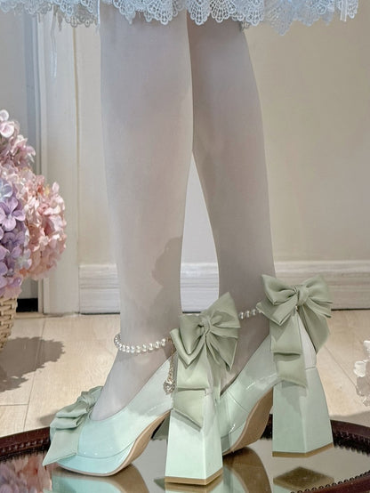 Grüne Lolita-Plateauschuhe mit Schleife und runder Mary-Schuh-Details