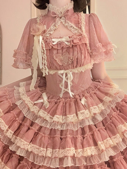 Lolita Ruffles Embroidery with Pink Lace Goldfish Details Dress Sweet and Tiered