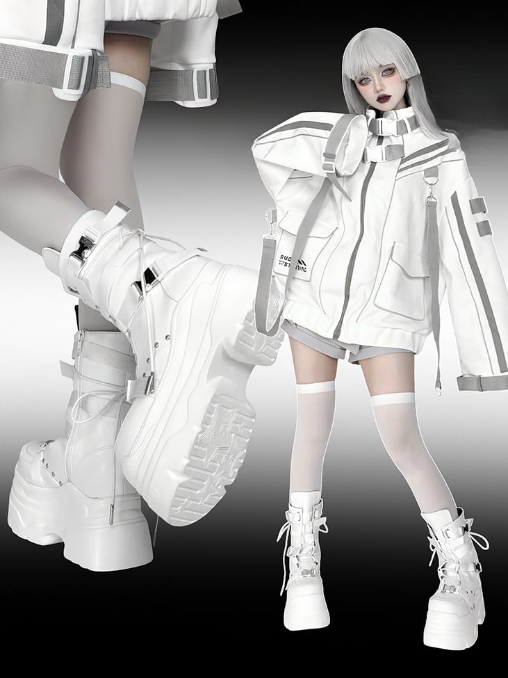 Matte White Punk Stud Bandage Lace-up Details Platform Boots