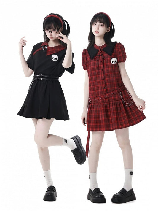 Buckle Plushie and Belt with Panda Red  Black Puff Sleeves Plaid Dress