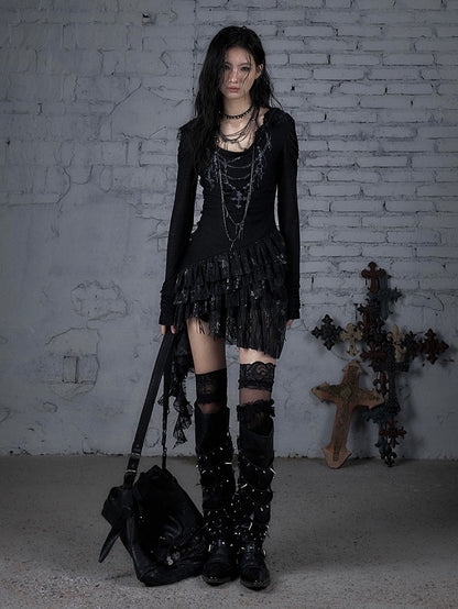 Asymmetric Tiered Lace Dress Cross with Hood Black Hem Print Punk