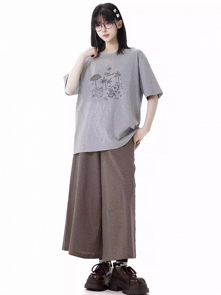 Loose Graffiti T-Shirt Puppy Round Neck Gray/Pink/Light Purple