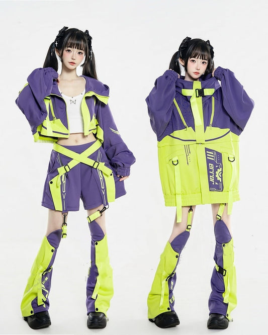 Colorblock Jacket Wear Landmine-Inspired Green Design Detachable in Futuristic Purple Two-Ways and