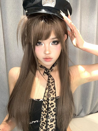 Wig With 70CM Air Bangs Brown Straight Length