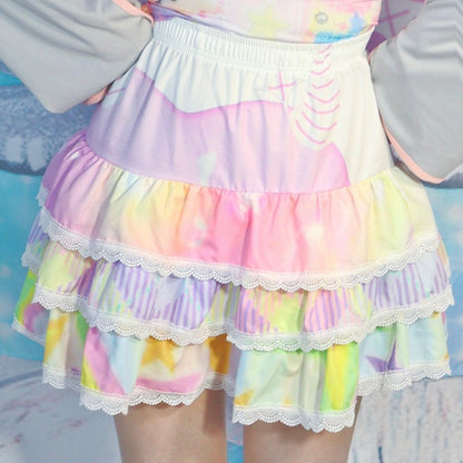White/Blue/Purple Skirt with Lace Trim Y2K Striped Pattern Tiered A-Line