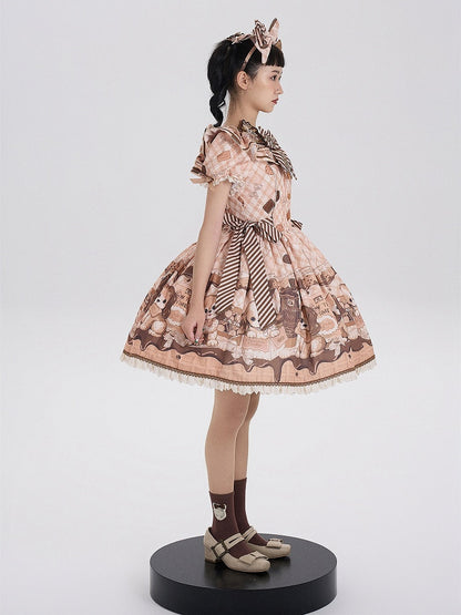 Puppy and Biscuit Print Yellow Sweet Lolita Short Sleeves Dress