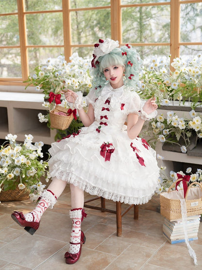 White Strawberry Princess Layered Ruffle Dress Sweet Lolita Jumper Skirt with Detachable Puff Sleeves