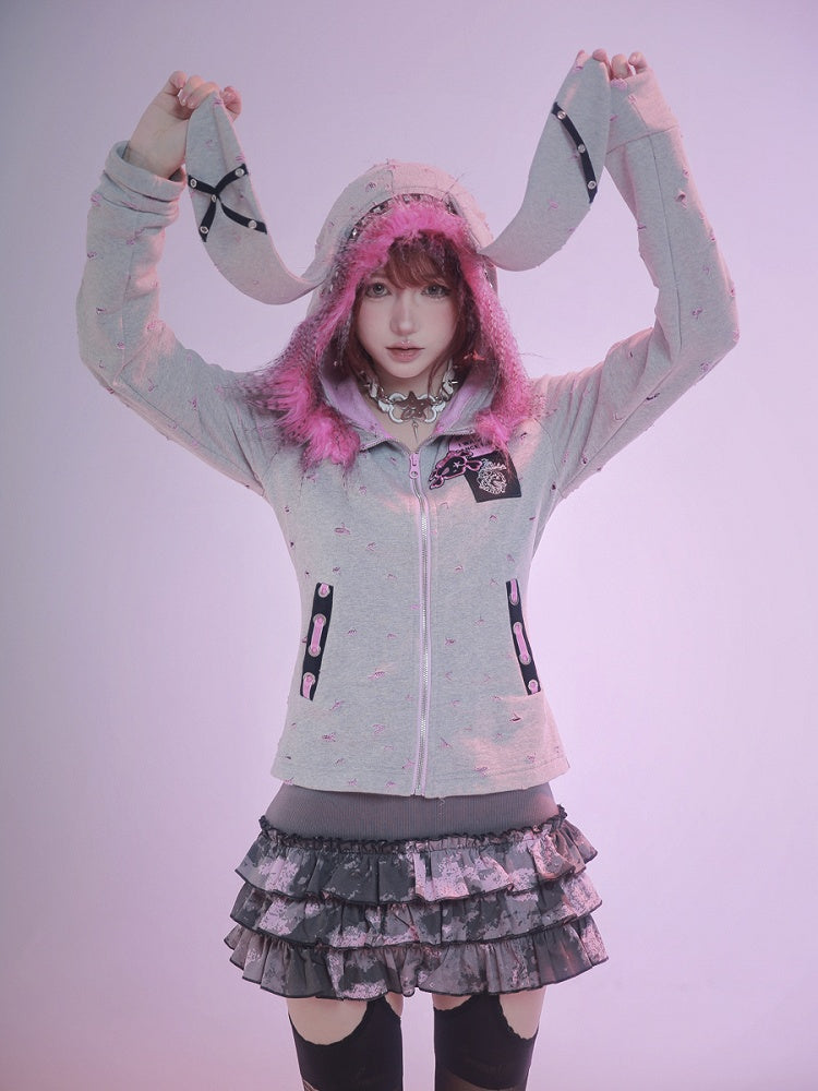 Punk Grey Oversized Bunny Ears Zip Hoodie