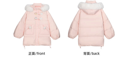 Pink Cute Bear and Kitty Plush Trim Hooded Down Coat