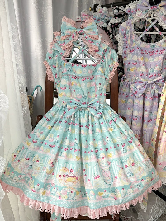 Robe Lolita d'été verte cerise et crème glacée