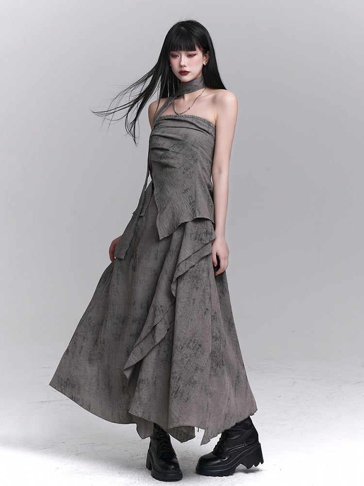 Gray Wasteland Punk Splatter with Ankle-Length Asymmetric Skirt Pattern Ruffle