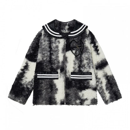 Black/Brown Sailor Collar Bowknot Details Fleece Jacket