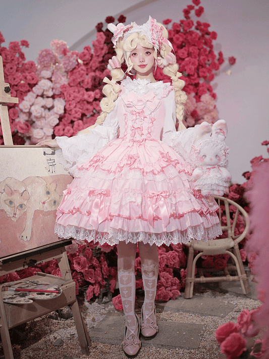 Skirt Sleeves Jumper Old School Lolita Cotton Flutter Pink Dress Lace-up Waist Lace Trim