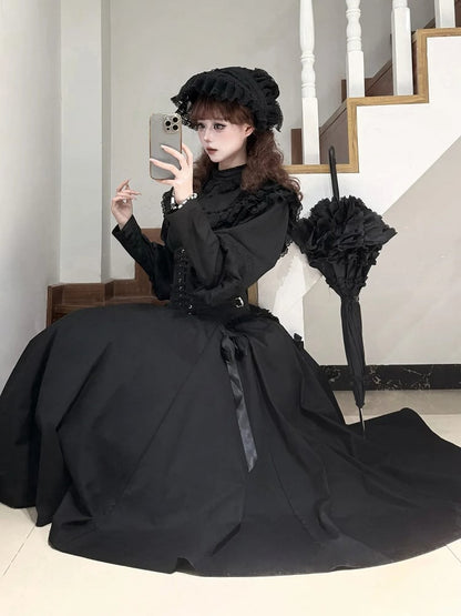 Long-Sleeve Black Dress Lolita Ruffled Waist Classic High Elegant