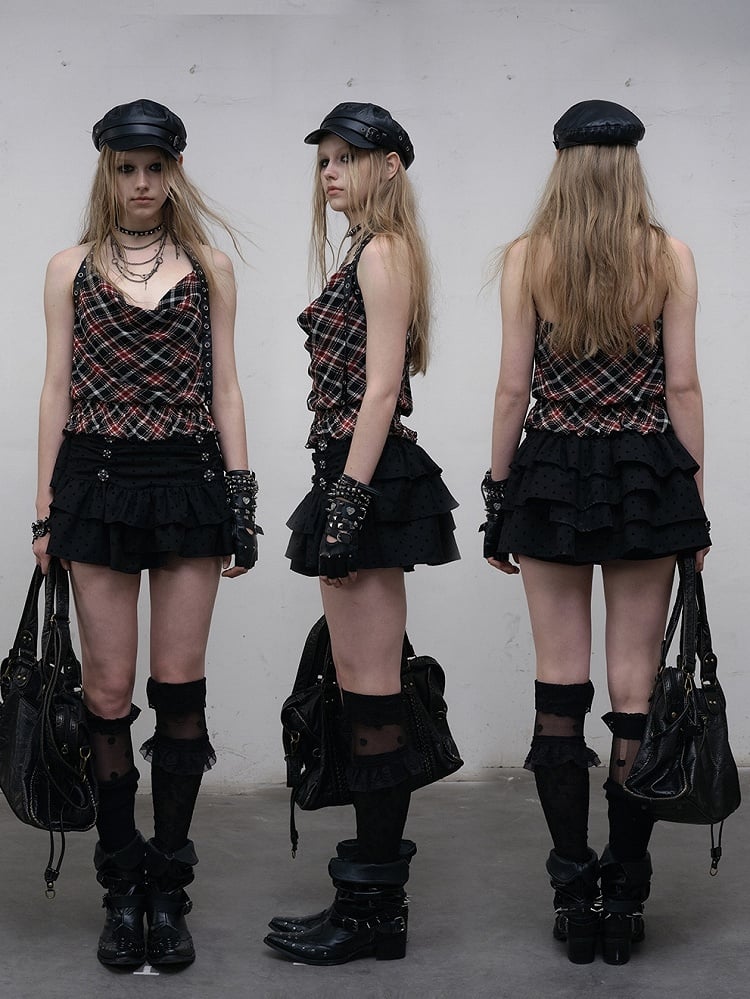 Punk Wasteland Halter Top Neck Neckline Trim Pattern BlackRed Glamorous Plaid Ruffles Cowl
