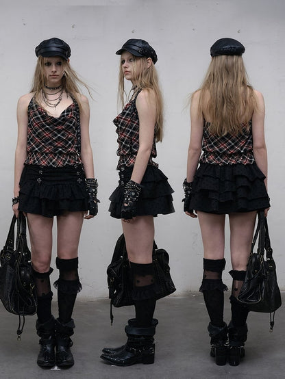 Punk Wasteland Halter Top Neck Neckline Trim Pattern BlackRed Glamorous Plaid Ruffles Cowl