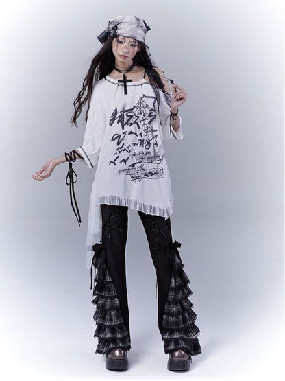 Black Lace-up Front Tiered Plaid Cuffs Slim-fitting Pants
