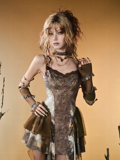 Brown Trim Pattern Ruffles Wasteland Snakeskin Gloves Punk