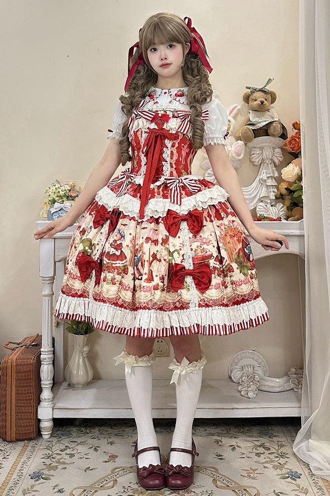 Red and Strawberry Print Dress Skirt Sweet Lolita Jumper Bunny