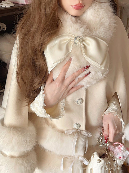 Faux Fleece Cloak White With Fur-Trimmed Bow Accents Creamy