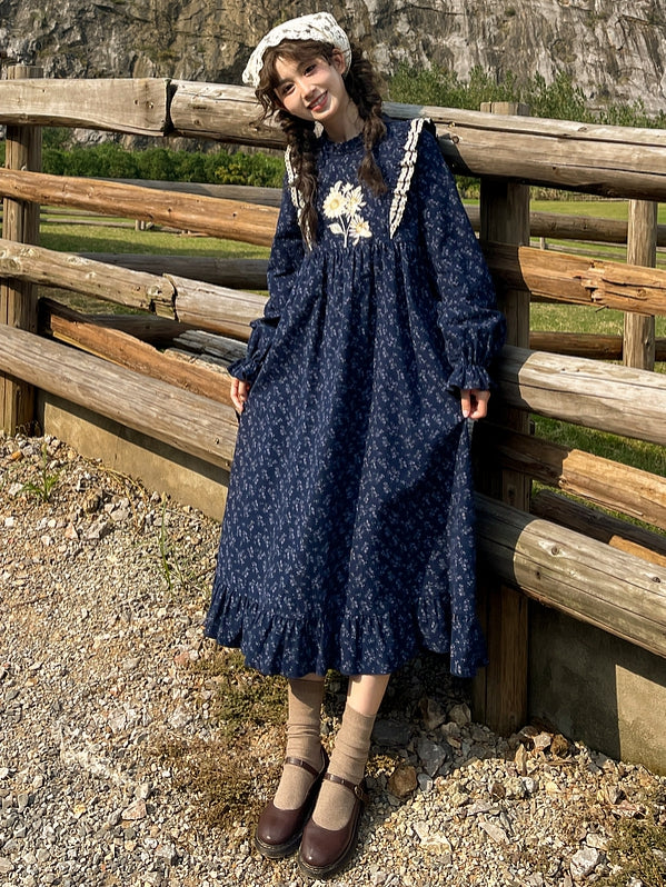 Dark Blue Floral Ruffle Neckline Mori Kei Floral Dress