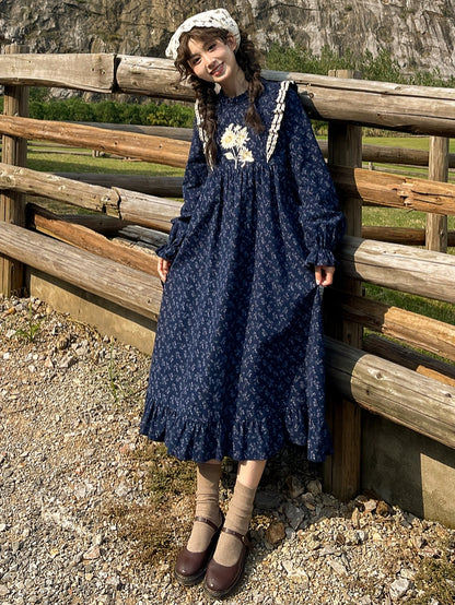 Dark Blue Floral Ruffle Neckline Mori Kei Floral Dress