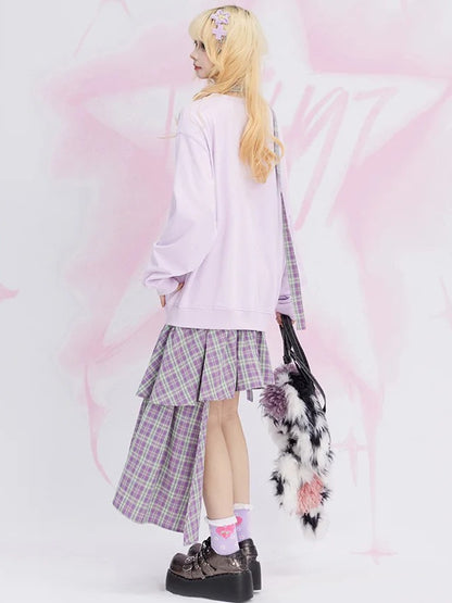 Purple Plaid Patchwork Fake Two-piece Sweatshirt Dress Asymmetrical Hem with Free Scarf
