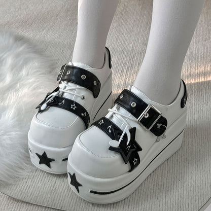 White Jirai Kei Star Design Buckle Strap Platform Shoes