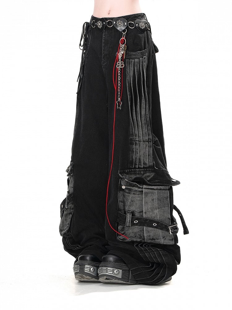 Pockets Black Wide-Leg Jeans Faded Wash Cargo Loose Acubi Fashion
