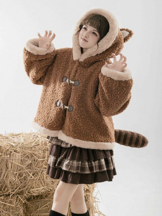 Brauner Fleece-Wintermantel mit Kapuze und Ohren des Kleinen Pandas