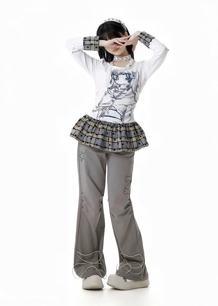 Pants Straight-leg Black/Gray Bittersweet Bone and Star Embroidery Cuffs Drawstring