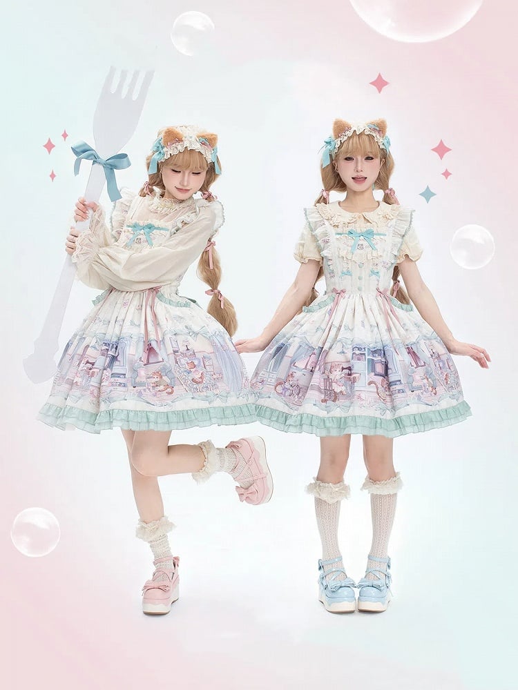 Cute kitty and Green Bows Sweet Lolita Dress Flutter Shoulder Straps Jumper Skirt