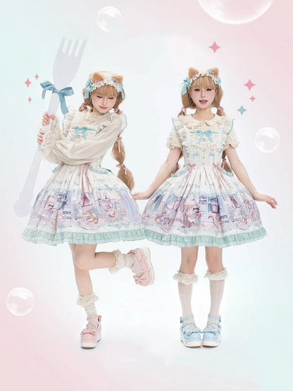 Cute kitty and Green Bows Sweet Lolita Dress Flutter Shoulder Straps Jumper Skirt