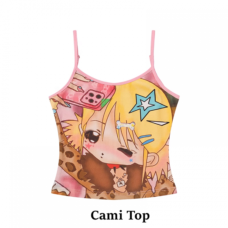 Pink Y2K Cartoon Girl Print T-Shirt/Cami Top