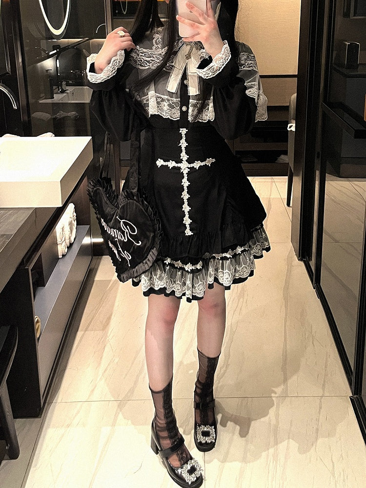 Jirai Kei White&Black/All Black Lace Cape Design Landmine Style Blouse