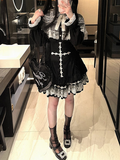 Jirai Kei White&Black/All Black Lace Cape Design Landmine Style Blouse