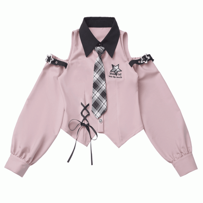 Top: with Idol Bittersweet Open Buckles Star Shirt Pink Punk Shoulder Core Fashion