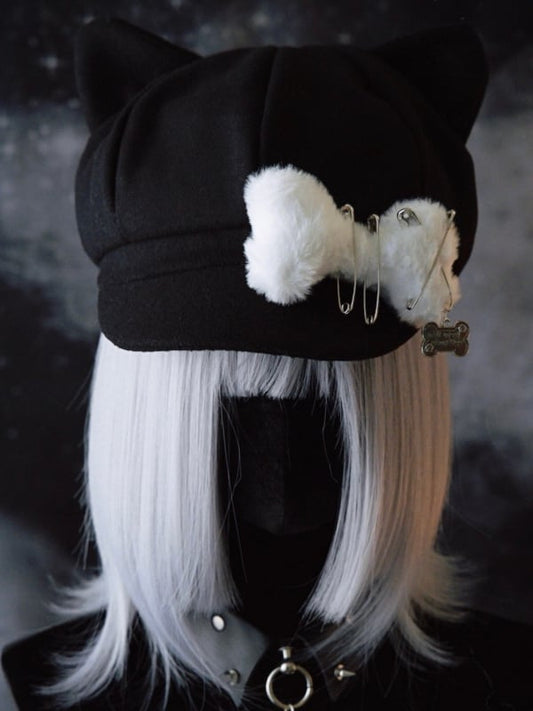 Design Schwarz Gothic Pin Verziert Ohr Hut Baskenmütze Katze Knochen Plüsch