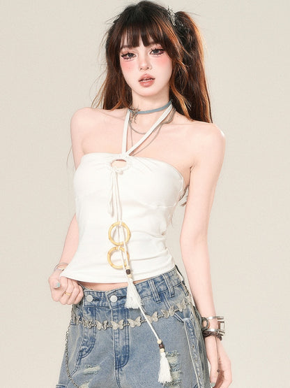 Straps Neck Tassel Top White Halter Glamorous